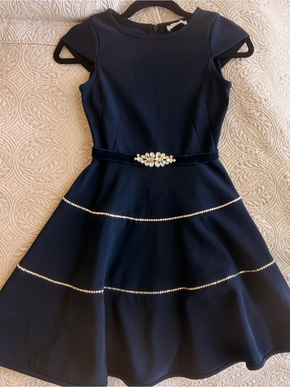 MonnaLisa Navy Midi Fit-and-Flare Dress with Jeweled Velvet Belt Value over $300